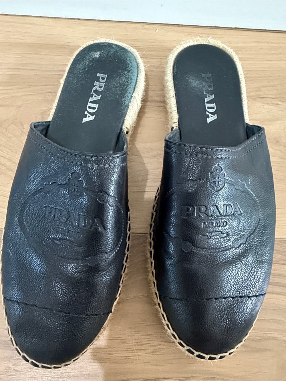 Prada Black Leather Slip-On Espadrille Mules